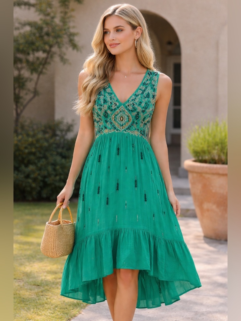 Anthropologie  Beaded Teal Green Asymmetric High-Low Boho Dress, Size US 04